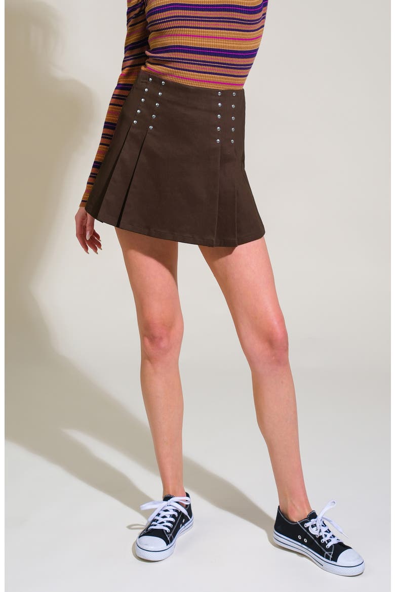 Studded Pleated Miniskort, Alternate, color, DARK BROWN