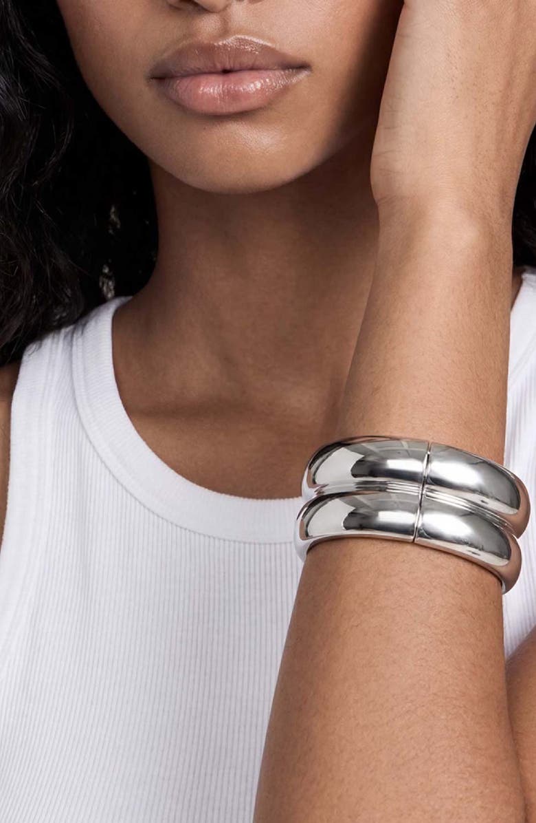 Ettika Set of 2 Stackable Hinged Bangle Bracelets, Alternate, color, Silver