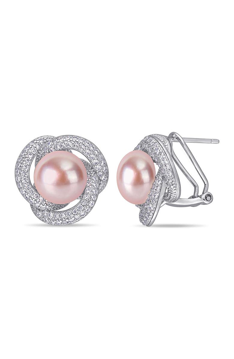 DELMAR Sterling Silver 10.5-11mm Pink Freshwater Cultured Pearl & CZ Stud Earrings, Main, color, 