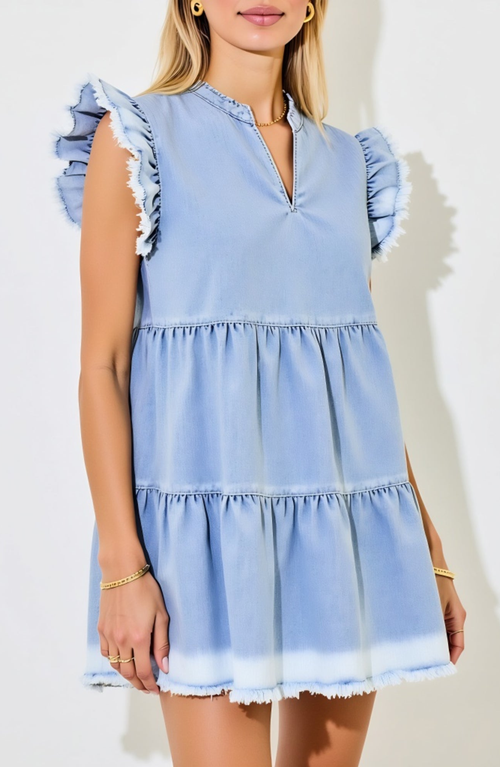 Modenaire Tiered Denim Mini Dress With Ruffle Sleeves And Frayed Hem In Blue