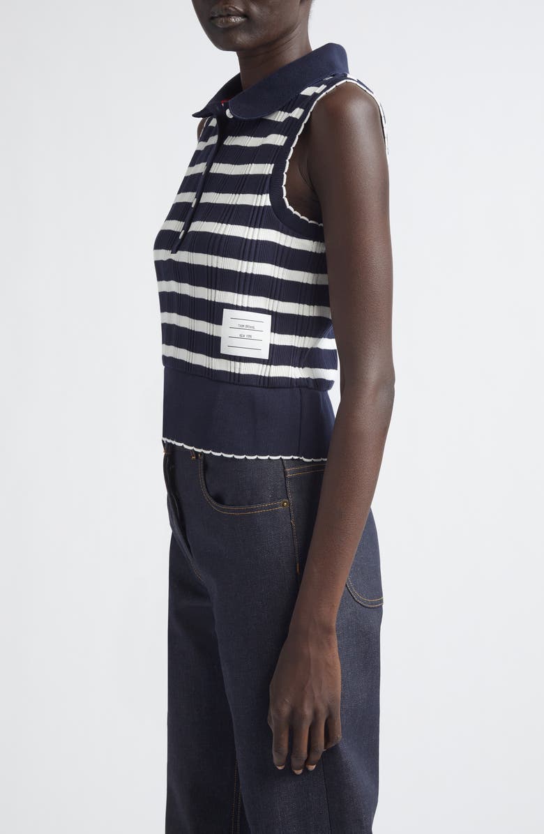 Thom Browne Stripe Scallop Edge Sleeveless Cotton Rib Polo, Alternate, color, Navy/ White