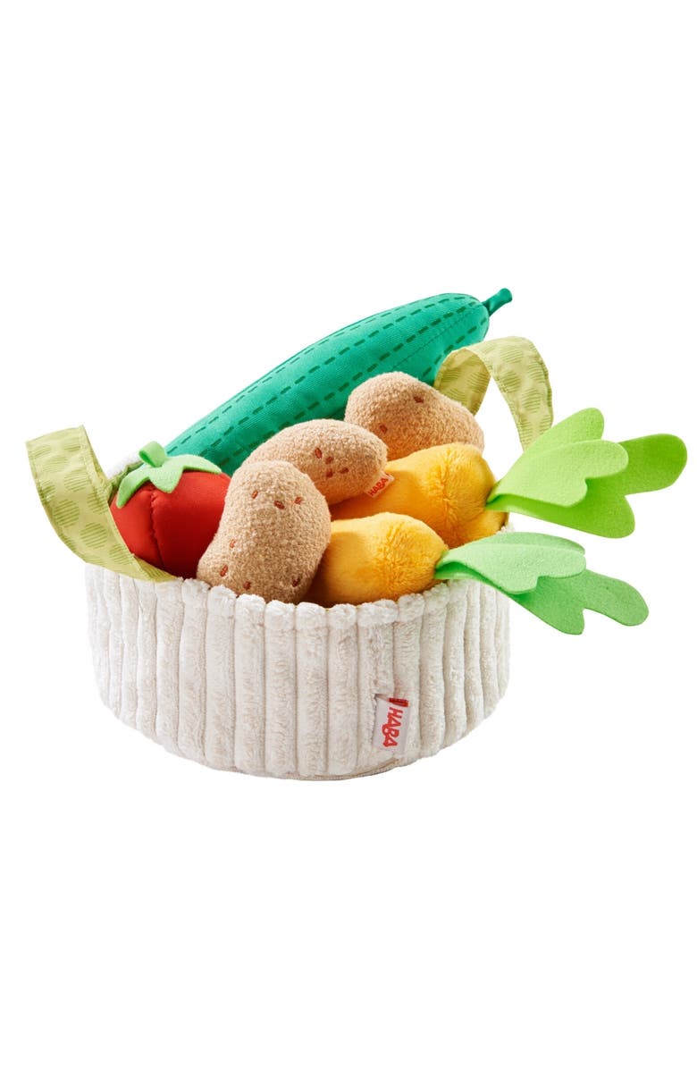 HABA Biofino Vegetable Basket - Soft Plush Pretend Play Food with Carrier, Cucumber, Tomato, 2 Carrots and 3 Potatoes, Main, color, Multi