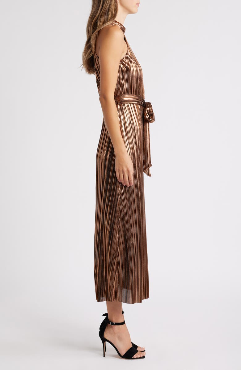 Anne Klein Metallic Plissé Tie Waist Maxi Dress, Alternate, color,