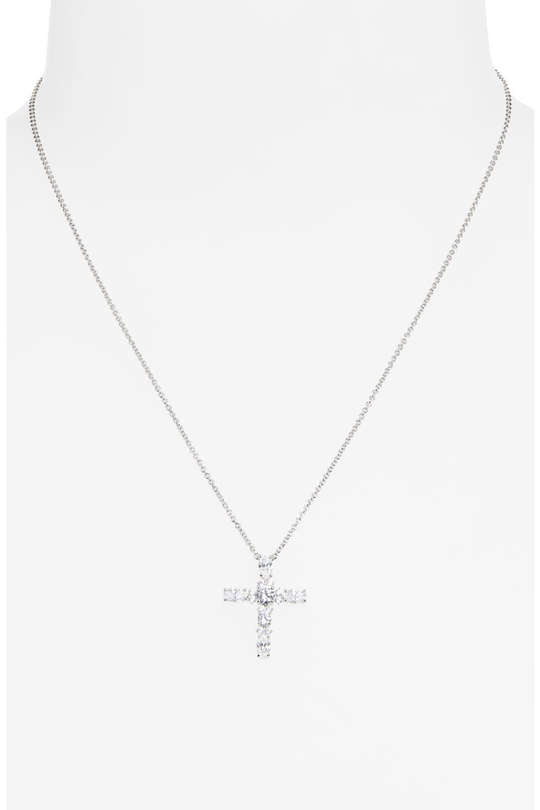 Oval Cross Cubic Zirconia Pendant Necklace, Alternate, color, RHODIUM