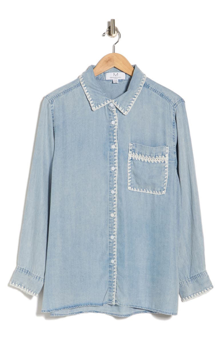M Magaschoni Button-Up Denim Shirt, Main, color, Light Wash Denim Blue