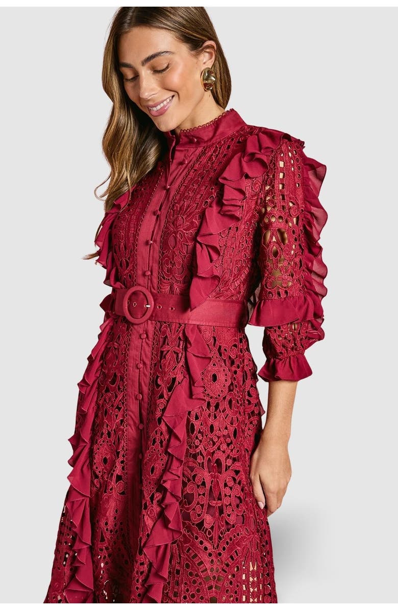 Coast Lace Ruffle Shirt Dress, Alternate, color, Burgundy