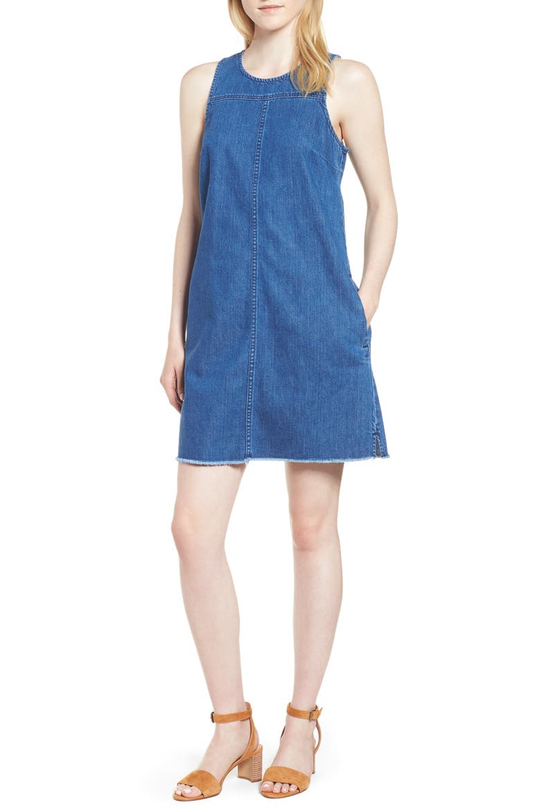 Raw Edge Hem Denim Shift Dress, Main, color, YORK WASH