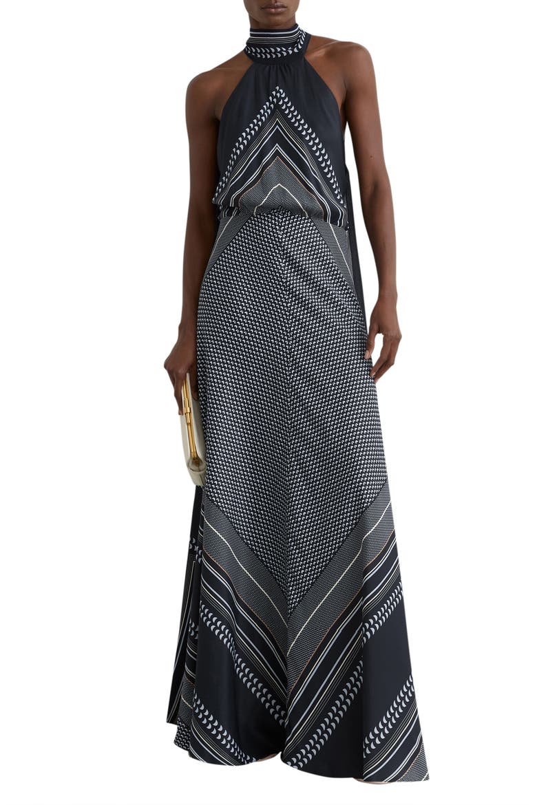 Skylar High Neck Scarf Print Maxi Dress, Main, color, NAVY