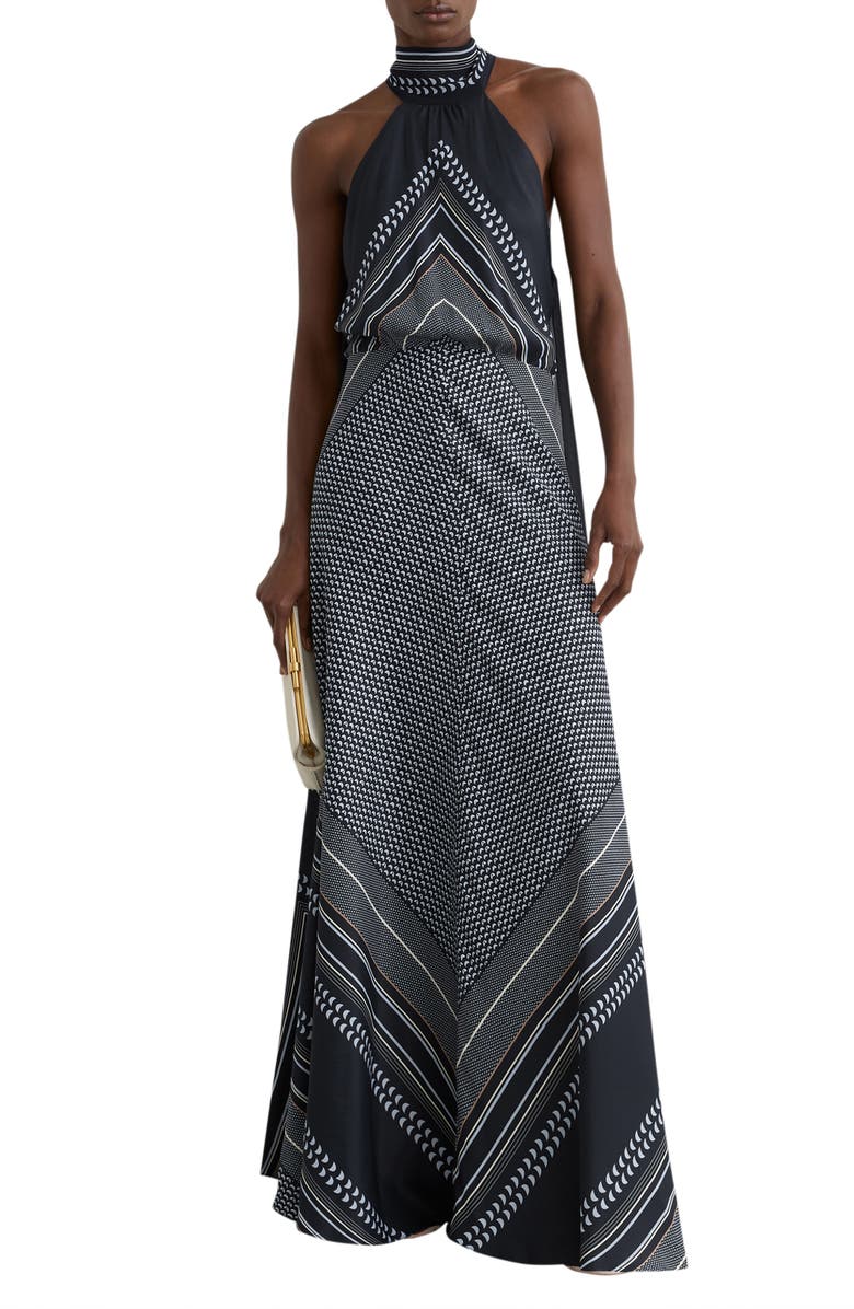 Reiss Skylar High Neck Scarf Print Maxi Dress, Main, color, Navy