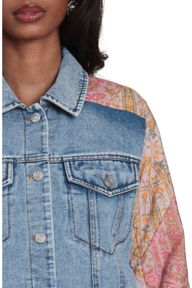 Mixed Media Denim Trucker Jacket, Alternate, color, LIGHT BLUE/ ORANGE MULTICOLOR