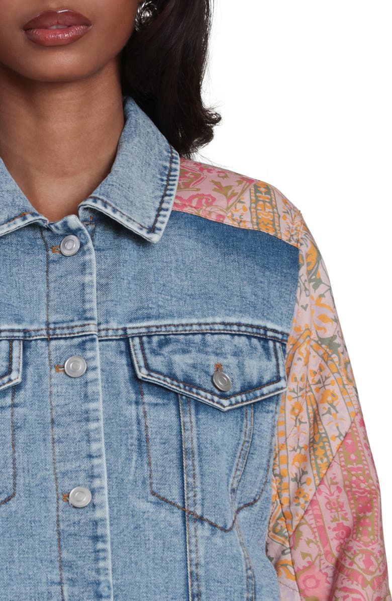 Avec Les Filles Mixed Media Denim Trucker Jacket, Alternate, color, Light Blue/ Orange Multicolor