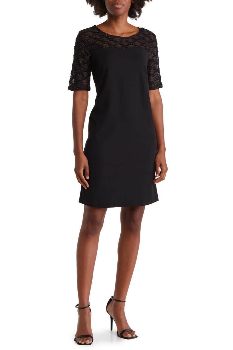 Elbow Sleeve Shealth Novelty Knit Dress, Main, color, BLACK
