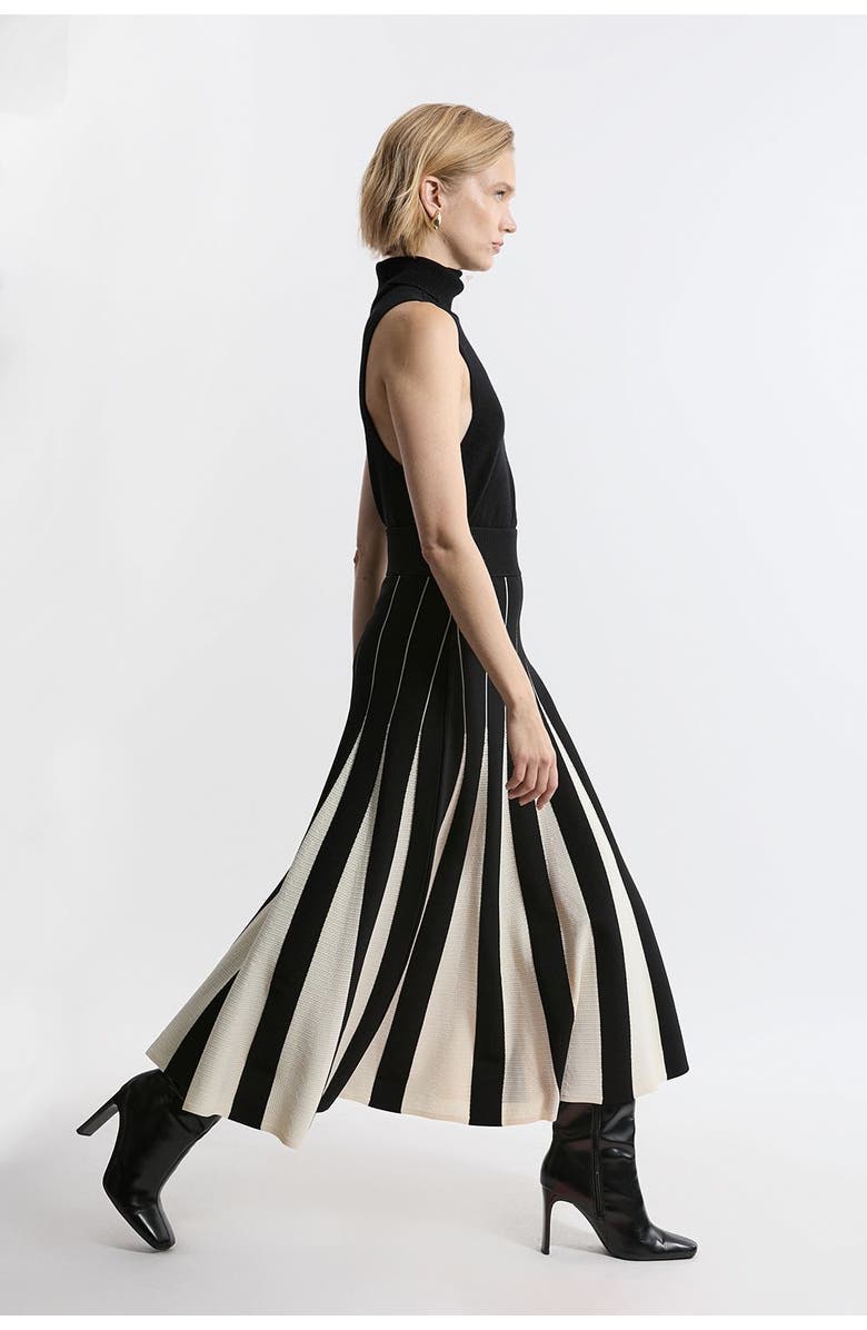 Karen Millen Pointelle Colour Block Pleated Skirt, Alternate, color, Mono