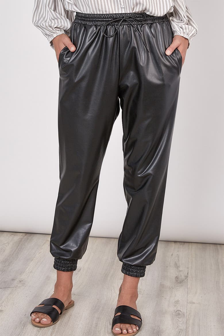 Faux Leather Drawstring Joggers, Main, color, BLACK
