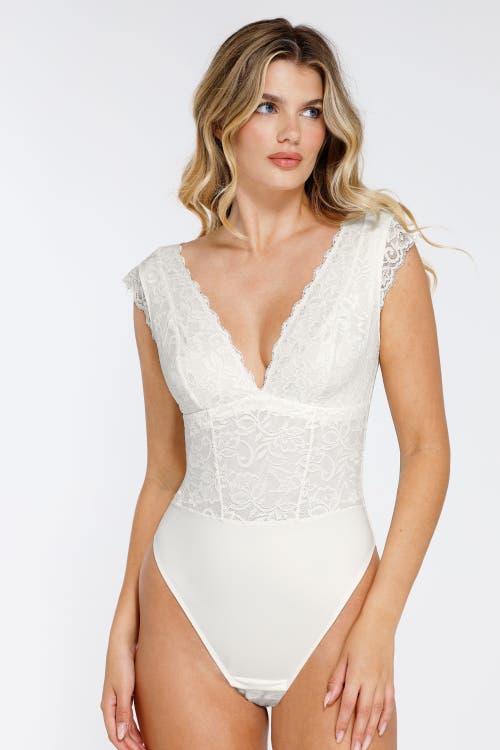 Shop Popilush Shapewear Sculpting Lace Bodysuit In Chalk
