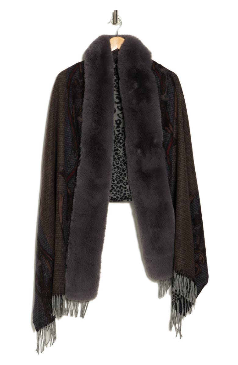 La Fiorentina Chain Print Fringe Wool Wrap with Faux Fur Trim, Alternate, color, 