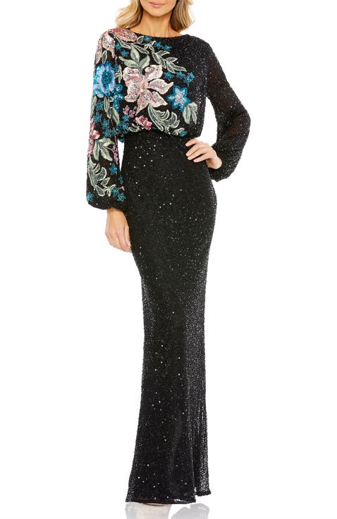 Women's High Neck Blouson Sleeve Sequin Gown