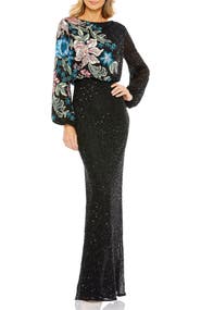 Mac Duggal Women's High Neck Blouson Sleeve Sequin Gown