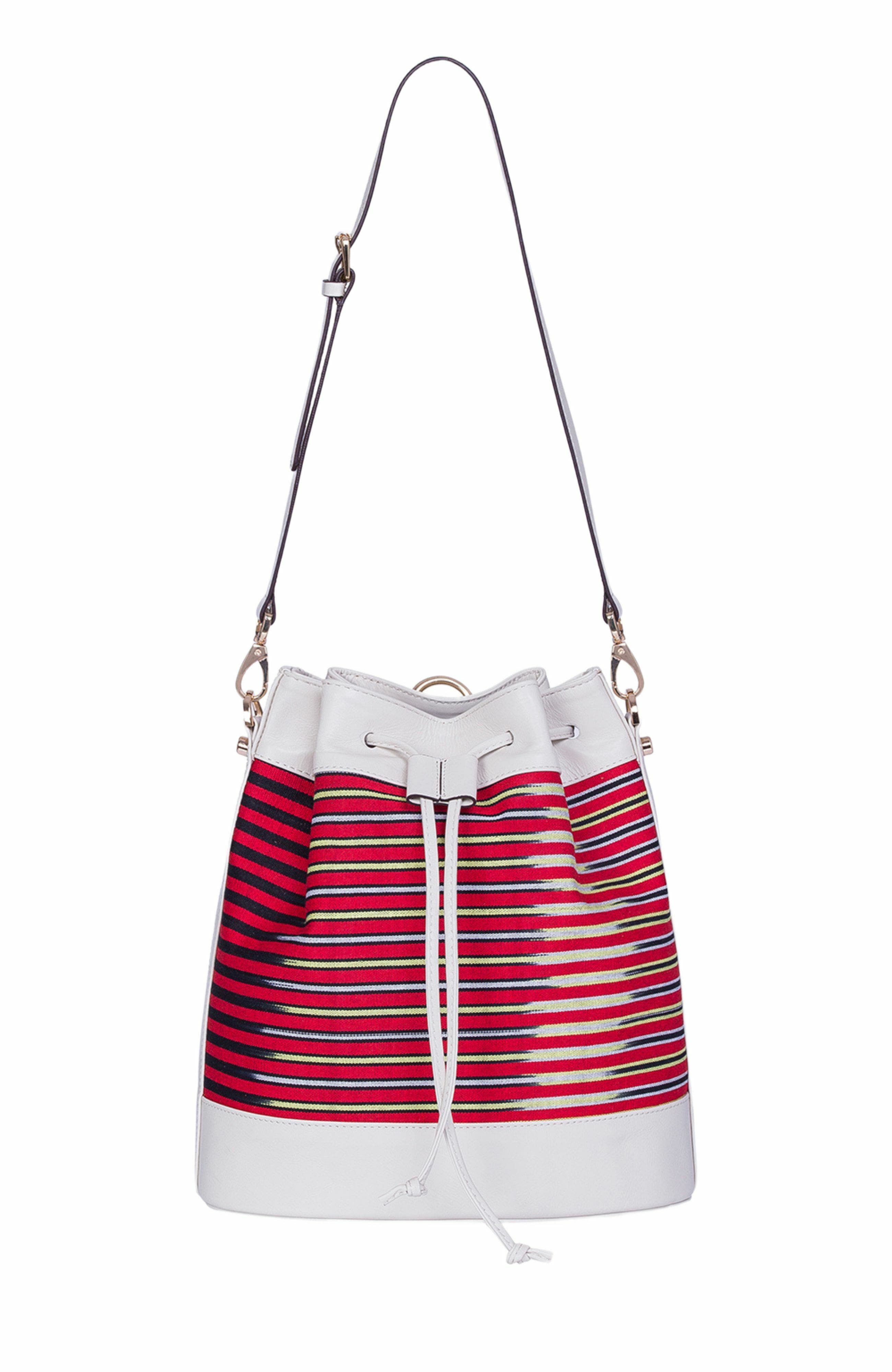 Leather & Striped Fabric Pattern Convertible Bag, Alternate, color, Beige