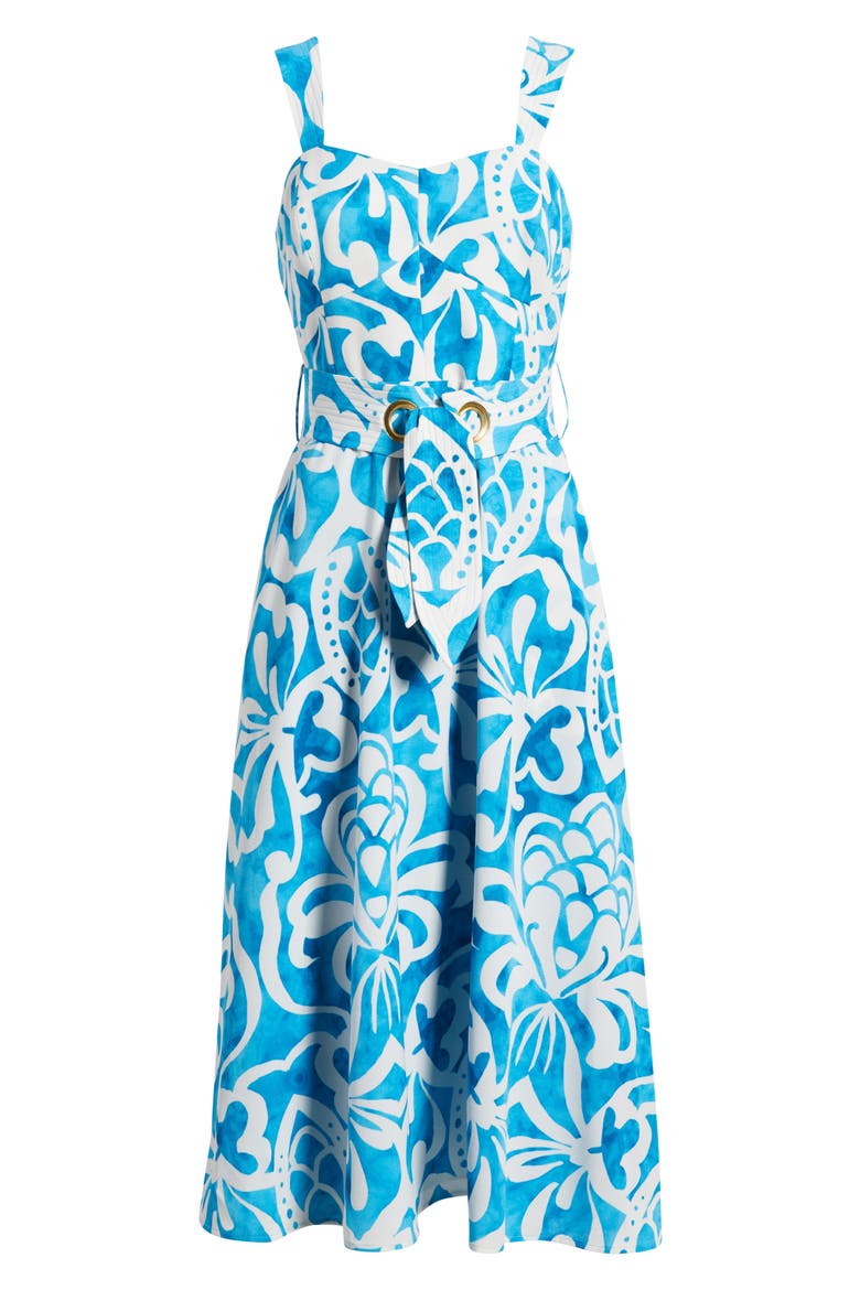 Grommet Tie Belt Midi Dress, Alternate, color, BLUE JEWEL IVORY