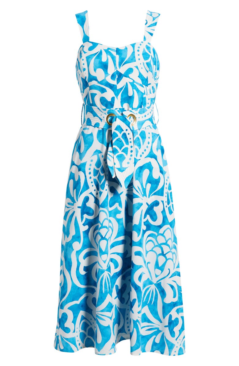 Tahari ASL Grommet Tie Belt Midi Dress, Alternate, color, Blue Jewel Ivory