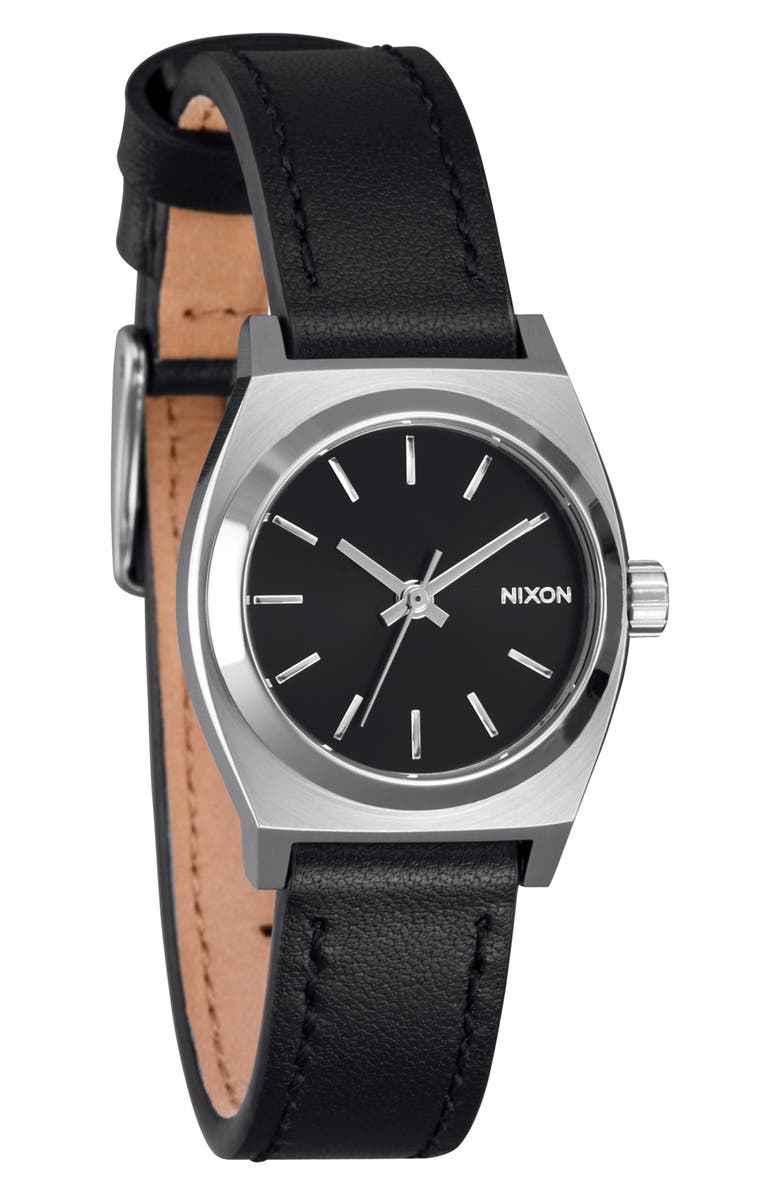 Nixon 'Small Time Teller' Leather Strap Watch, 26mm, Alternate, color, Silver / Black