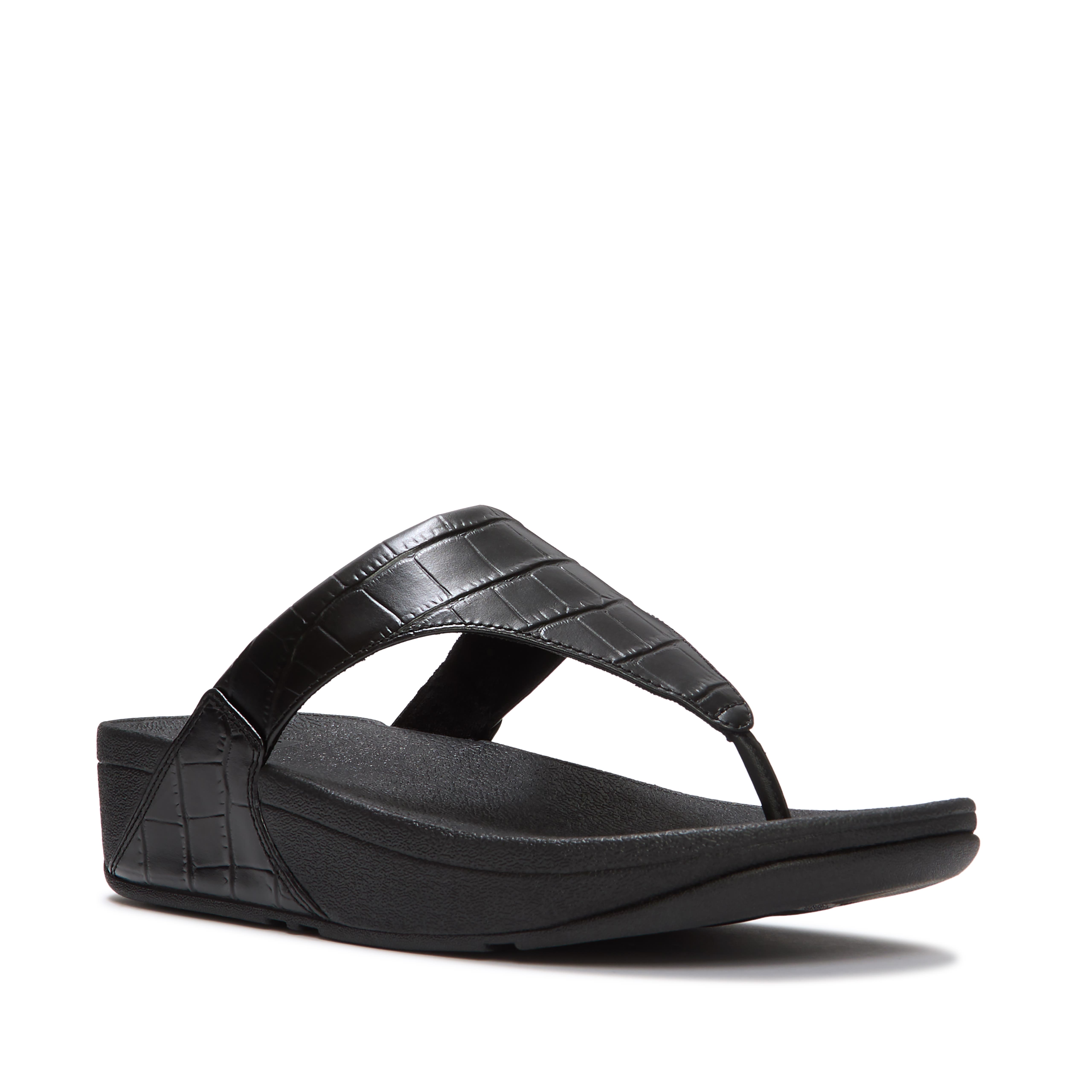 Lulu Crocodile Toe-Post Sandals, Main, color, All Black