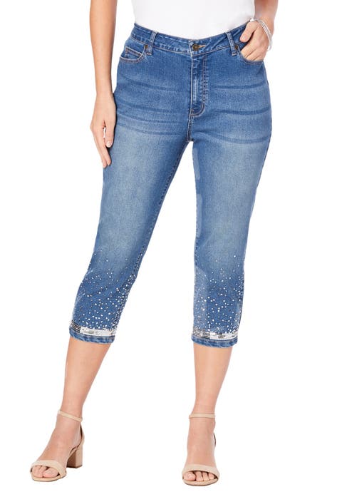 Plus Size Sequin Trim Straight Leg Capri Jean