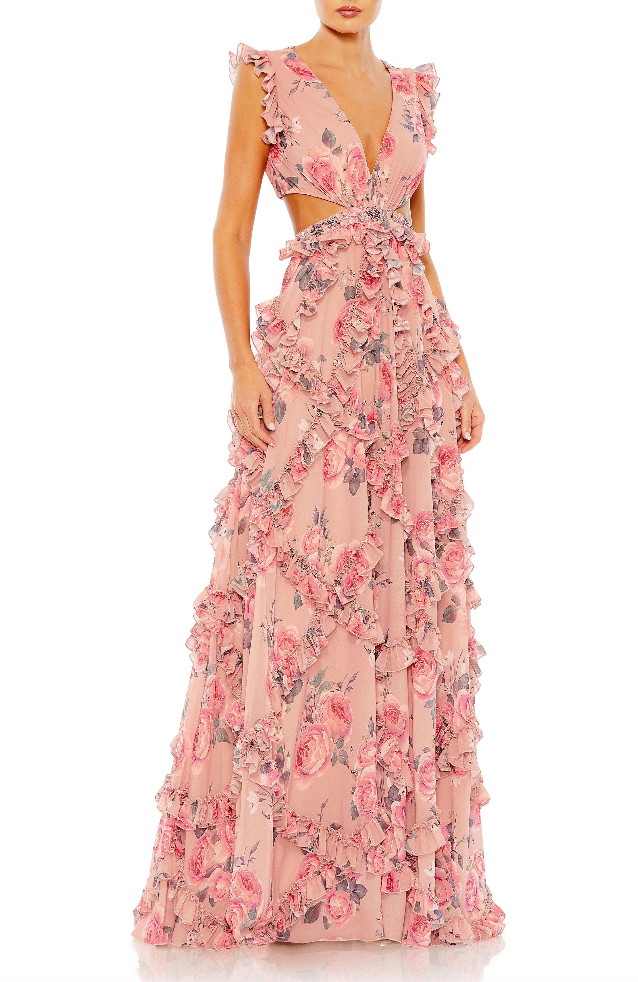 Ruffled Cut Out Cap Sleeve V Neck Gown