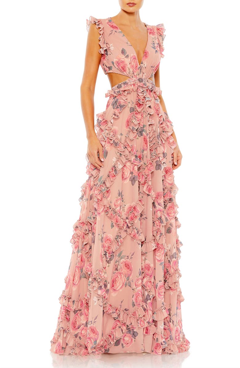 Mac Duggal Ruffled Cut Out Cap Sleeve V Neck Gown, Main, color, Rose Multi