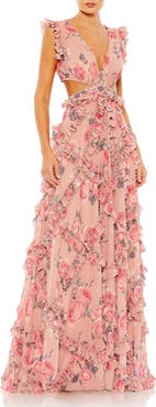 Mac Duggal Ruffled Cut Out Cap Sleeve V Neck Gown
