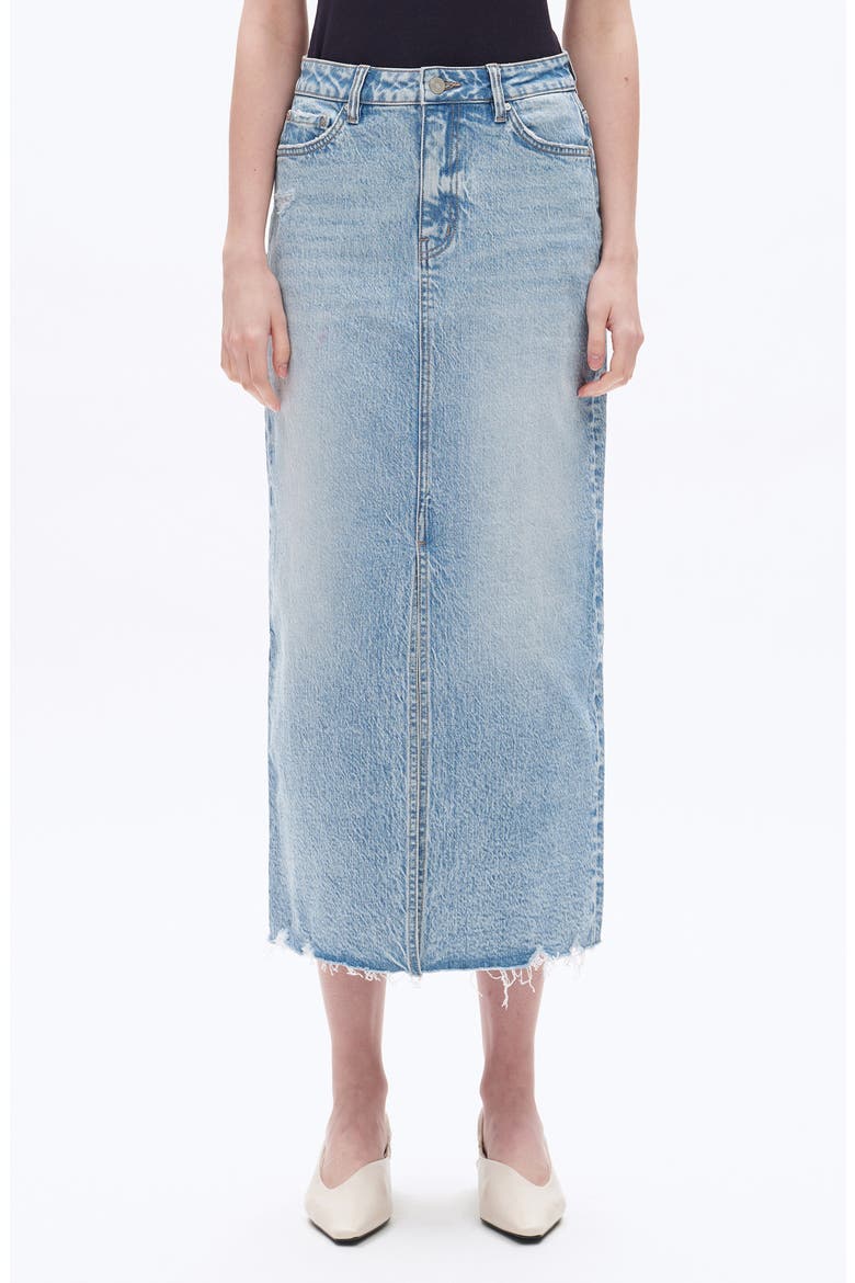 Raw Hem Denim Midi Skirt, Main, color, MEDIUM BLUE