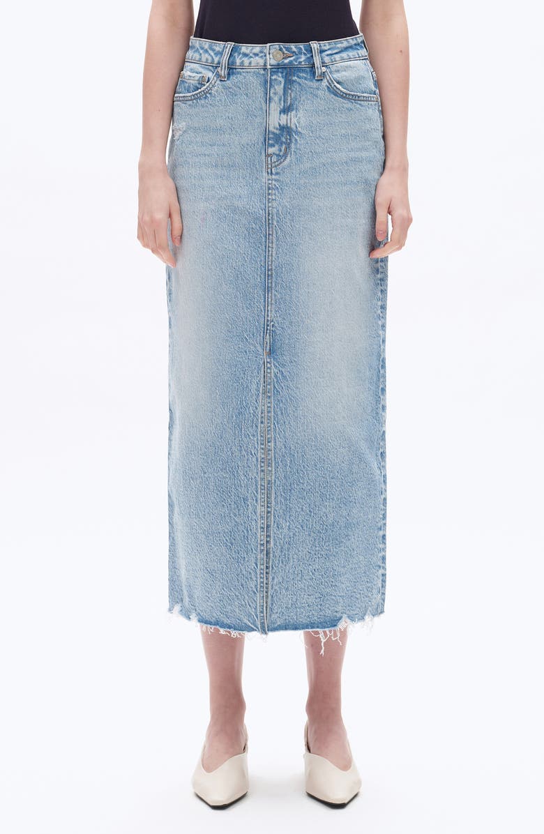 Bayeas Raw Hem Denim Midi Skirt, Main, color, Medium Blue