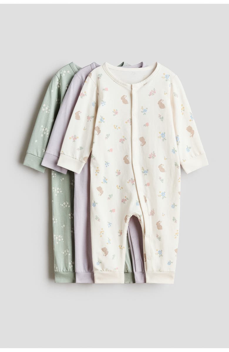 H&M 3-pack Cotton Sleepsuits, Main, color, Light Purple/Floral