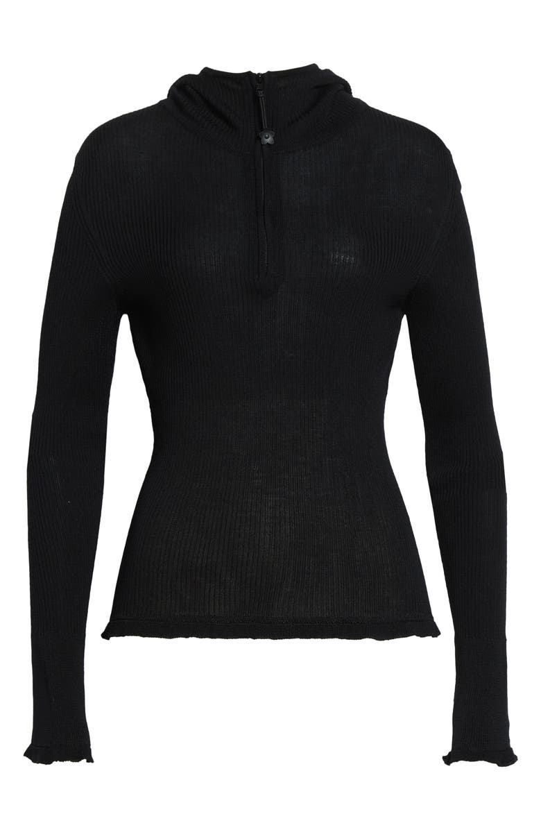 Cecilie Bahnsen Elma Hooded Rib Merino Wool Half Zip Sweater, Alternate, color, Black Summer Merino Knit