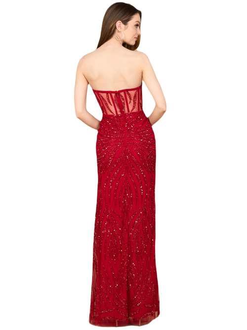 Lara New York Beaded Corset Prom Dress With Slit In Red