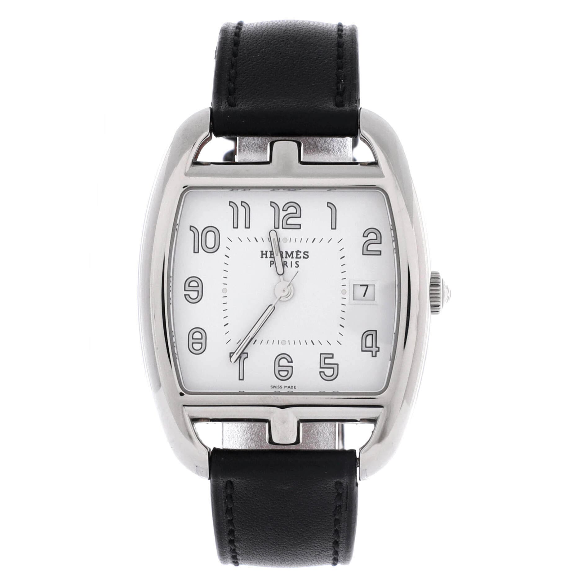 Pre-Owned Hermes Cape Cod Tonneau Quartz Watch Stainless Steel and Leather 33, Main, color, Black