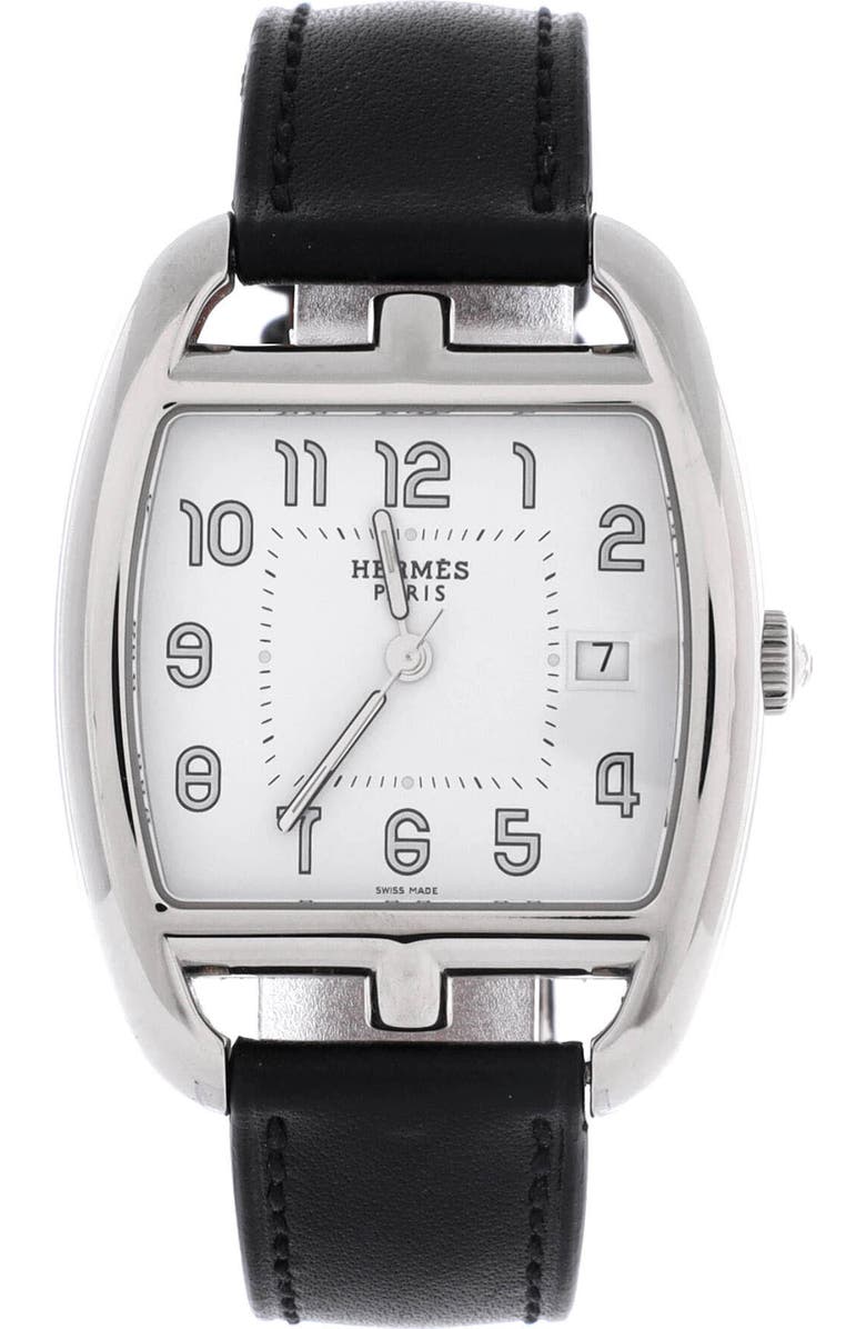 Pre-Owned Hermes Cape Cod Tonneau Quartz Watch Stainless Steel and Leather 33, Main, color, Black