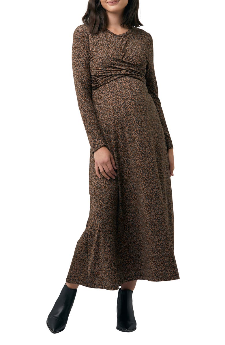 Ripe Maternity Shae Animal Print Cross Front Long Sleeve Maternity Dress, Main, color, 