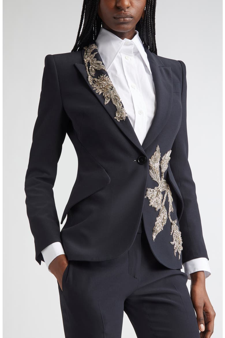 Banshee Embroidery Leaf Crepe Blazer, Alternate, color, BLACK