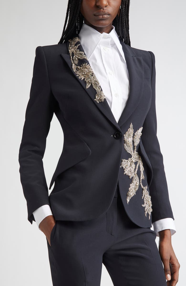 McQueen Banshee Embroidery Leaf Crepe Blazer, Alternate, color, Black