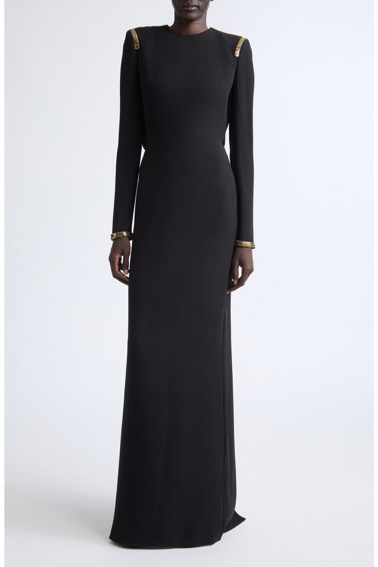Chainmail Trim Long Sleeve Silk Evening Dress, Main, color, BLACK/ GOLD