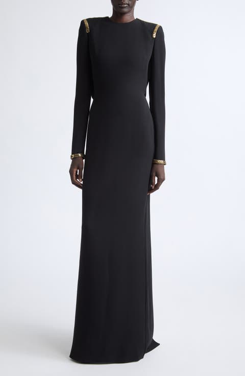 Chainmail Trim Long Sleeve Silk Evening Dress
