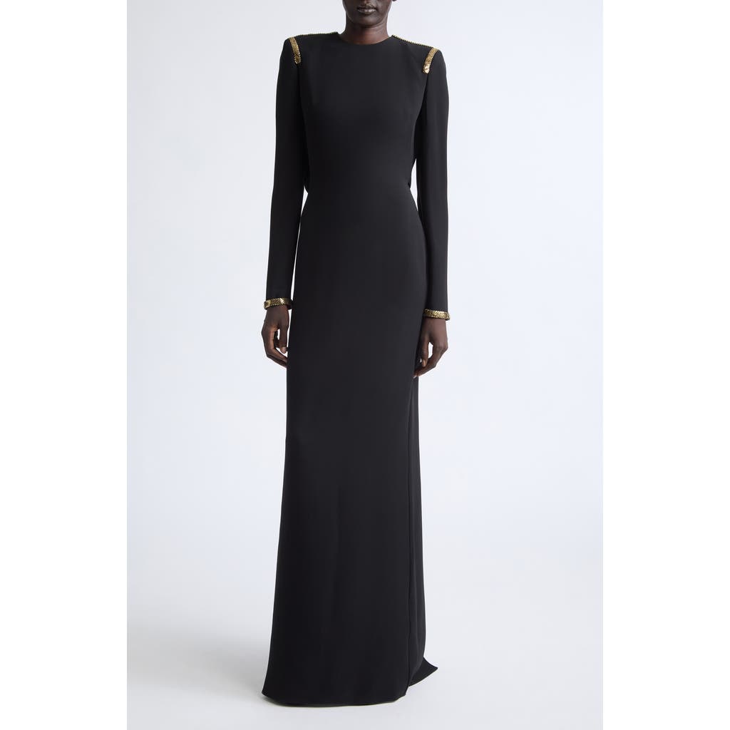 TOM FORD Chainmail Trim Long Sleeve Silk Evening Dress in Black/gold at Nordstrom, Size 38