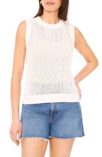 Vince Camuto Drop Needle Cotton Blend Sleeveless Sweater In White
