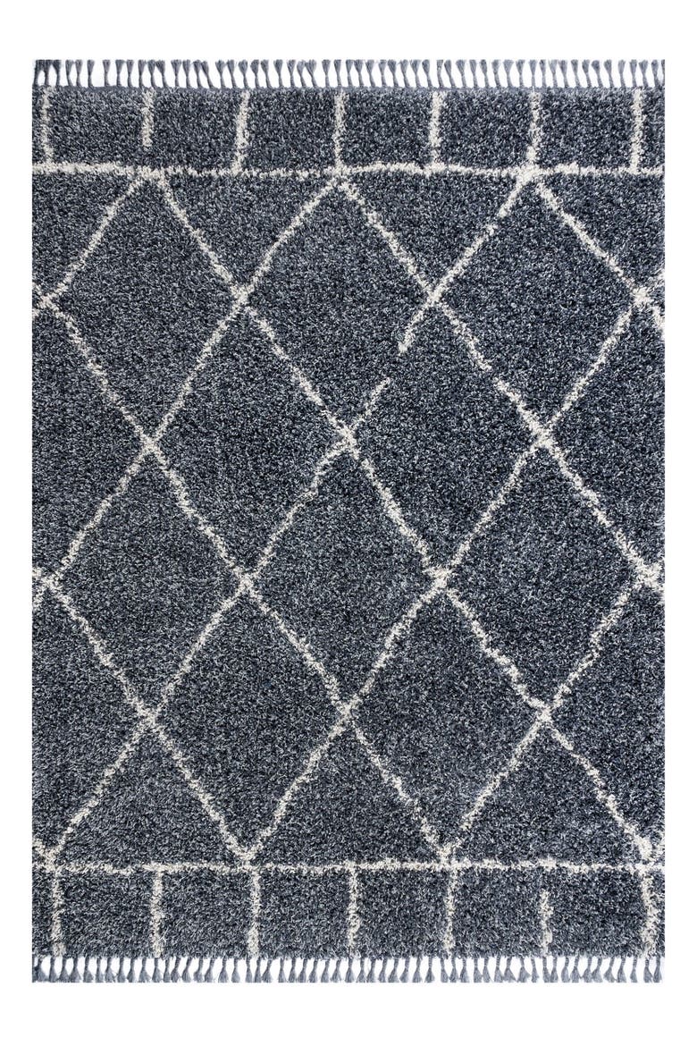 Mercer Shag Plush Tassel Moroccan Geometric Area Rug, Main, color, Blue/Cream