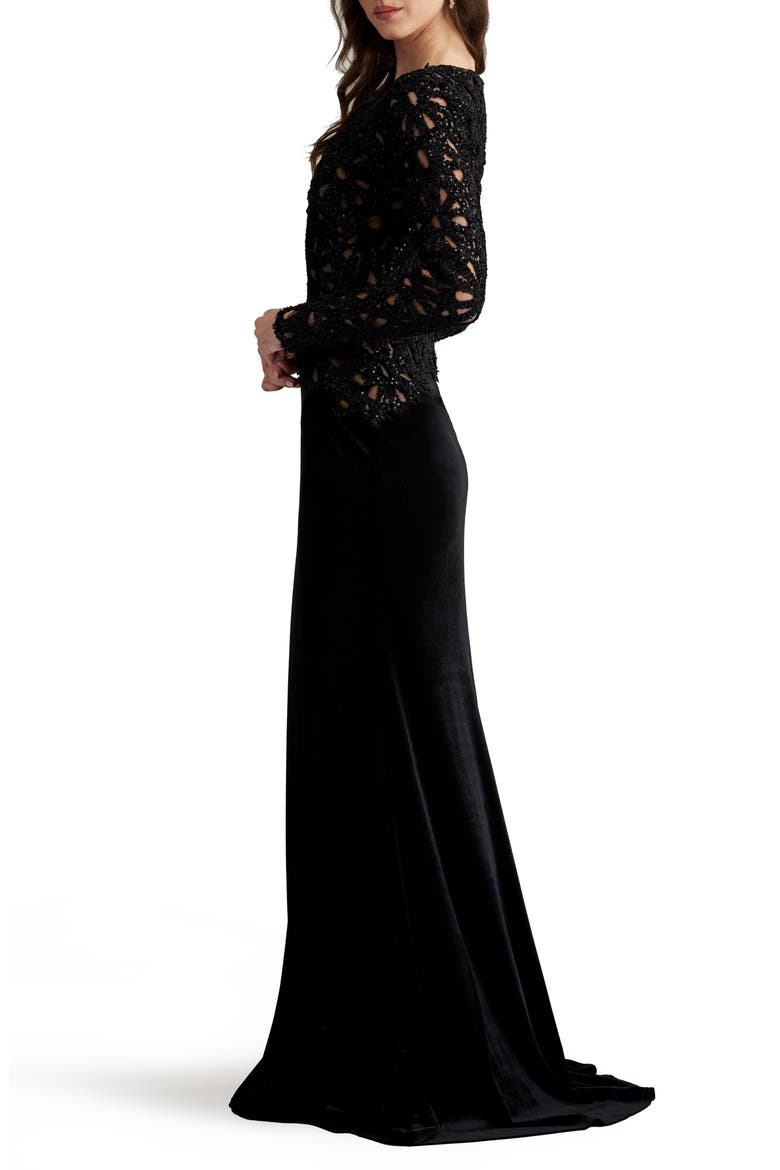 Sequin Lace Bodice Long Sleeve Velvet Gown, Alternate, color, BLACK/ NUDE