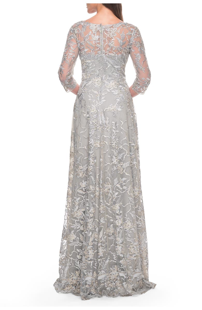 La Femme Beautiful Lace A-line Mother of the Bride Dress, Alternate, color, Silver