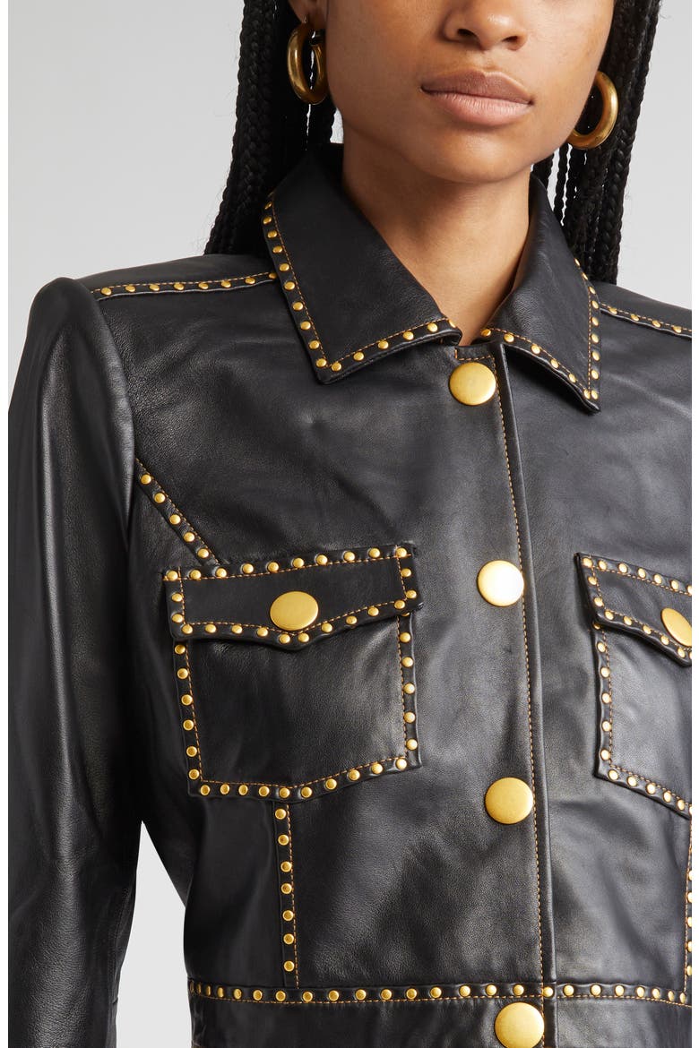 Winsome Studded Crop Leather Jacket, Alternate, color, BLACK