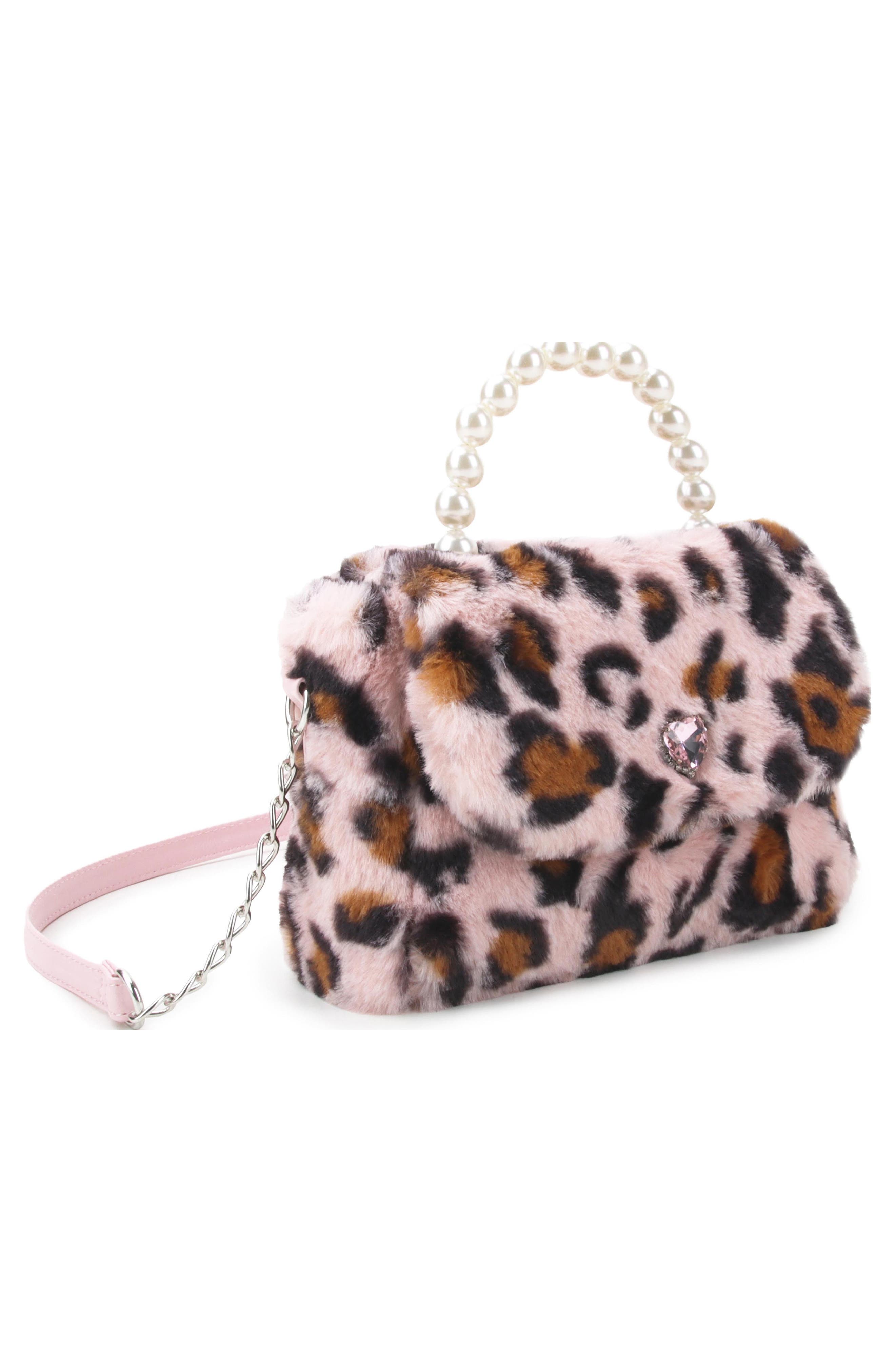 OMG Accessories Kids' Leopard Heart Faux Fur Handbag, Alternate, color, Lollipop